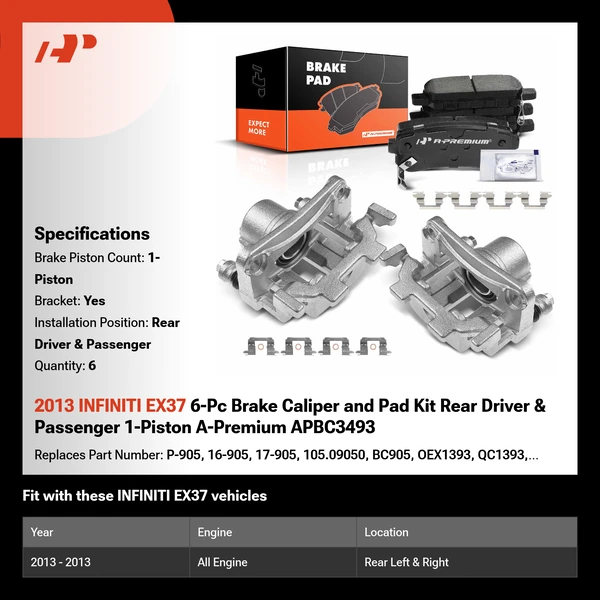 2013 INFINITI EX37 6-Pc Brake Caliper and Pad Kit Rear Driver & Passenger 1-Piston A-Premium APBC3493
