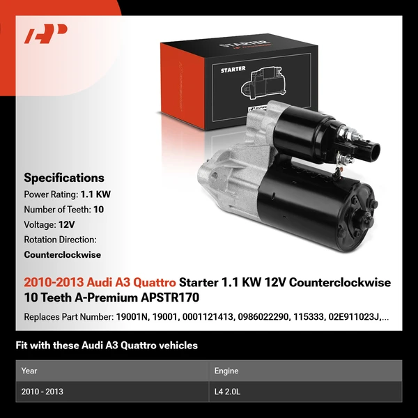 2010-2013 Audi A3 Quattro Starter 1.1 KW 12V Counterclockwise 10 Teeth A-Premium APSTR170