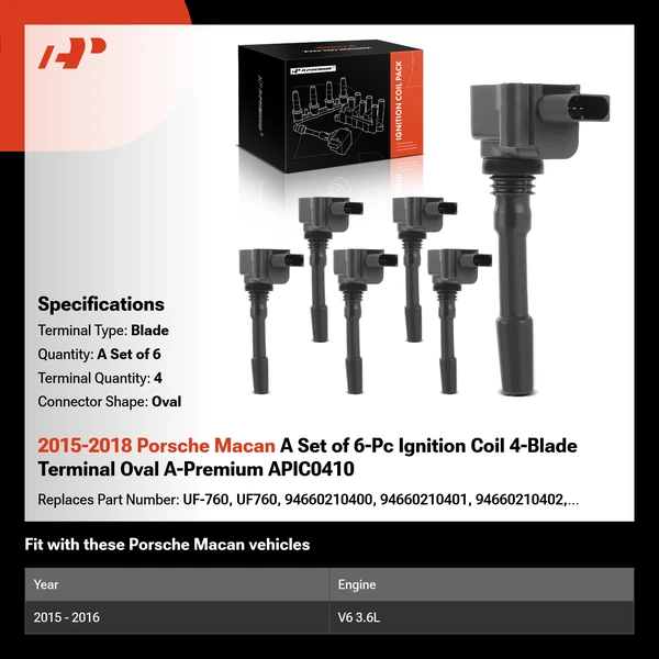 2015-2018 Porsche Macan A Set of 6-Pc Ignition Coil 4-Blade Terminal Oval A-Premium APIC0410