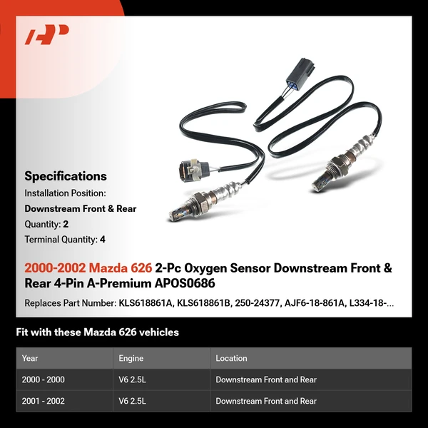 2000-2002 Mazda 626 2-Pc Oxygen Sensor Downstream Front & Rear 4-Pin A-Premium APOS0686