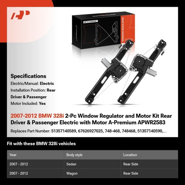 2007-2012 BMW 328i 2-Pc Window Regulator and Motor Kit Rear Driver & Passenger Electric with Motor A-Premium APWR2583