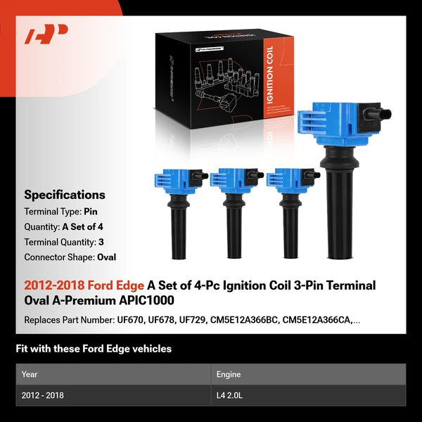 2012-2018 Ford Edge A Set of 4-Pc Ignition Coil 3-Pin Terminal Oval A-Premium APIC1000