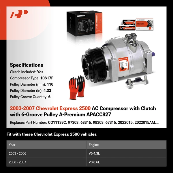 2003-2007 Chevrolet Express 2500 AC Compressor with Clutch with 6-Groove Pulley A-Premium APACC827