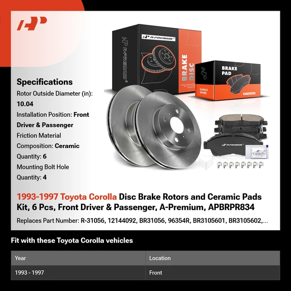 1993-1997 Toyota Corolla Disc Brake Rotors and Ceramic Pads Kit, 6 Pcs, Front Driver & Passenger, A-Premium, APBRPR834