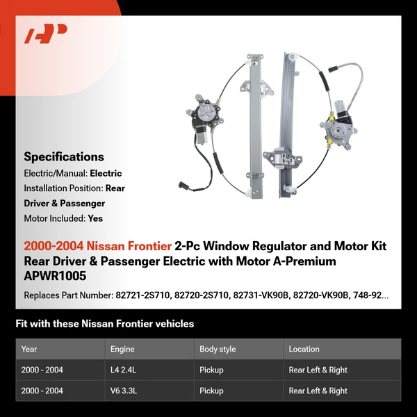 2000-2004 Nissan Frontier 2-Pc Window Regulator and Motor Kit Rear Driver & Passenger Electric with Motor A-Premium APWR1005