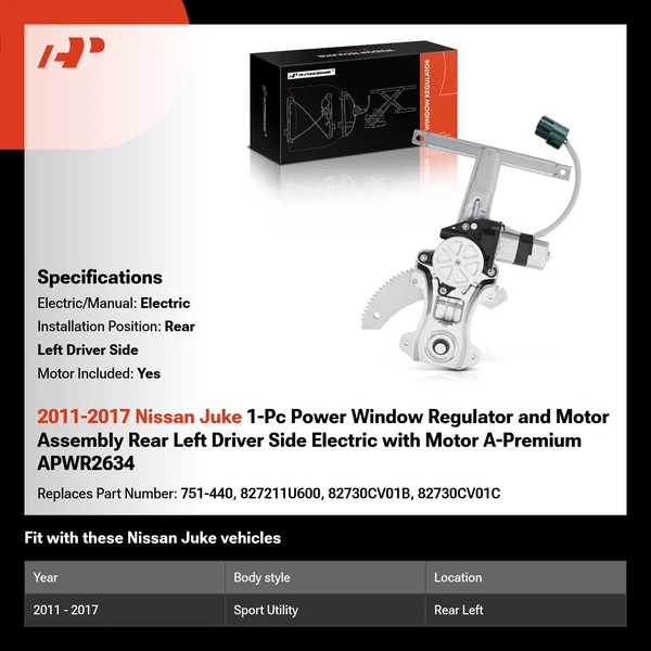 2011-2017 Nissan Juke 1-Pc Power Window Regulator and Motor Assembly Rear Left Driver Side Electric with Motor A-Premium APWR2634
