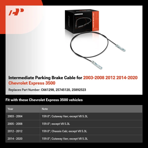 Intermediate Parking Brake Cable for 2003-2008 2012 2014-2020 Chevrolet Express 3500