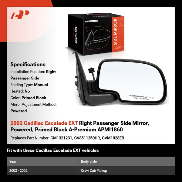2002 Cadillac Escalade EXT Right Passenger Side Mirror, Powered, Primed Black A-Premium APMI1860