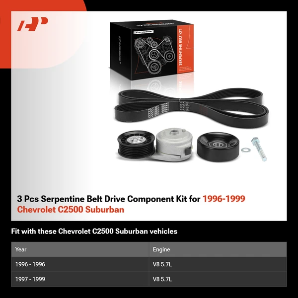3 Pcs Serpentine Belt Drive Component Kit for 1996-1999 Chevrolet C2500 Suburban