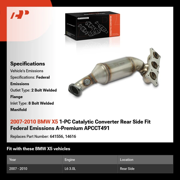 2007-2010 BMW X5 1-PC Catalytic Converter Rear Side Fit Federal Emissions A-Premium APCCT491
