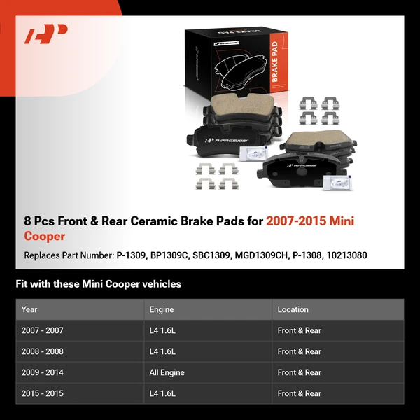8 Pcs Front & Rear Ceramic Brake Pads for 2007-2015 Mini Cooper
