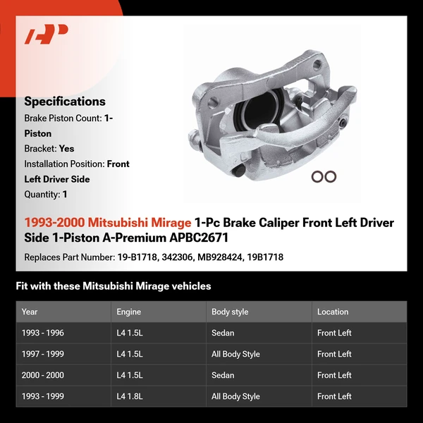 1993-2000 Mitsubishi Mirage 1-Pc Brake Caliper Front Left Driver Side 1-Piston A-Premium APBC2671