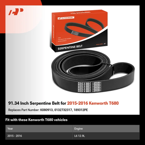 91.34 Inch Serpentine Belt for 2015-2016 Kenworth T680