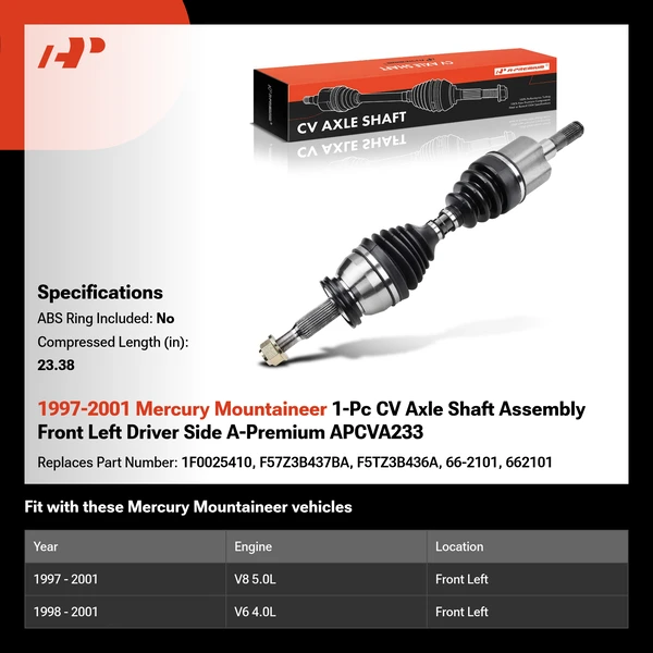 1997-2001 Mercury Mountaineer 1-Pc CV Axle Shaft Assembly Front Left Driver Side A-Premium APCVA233