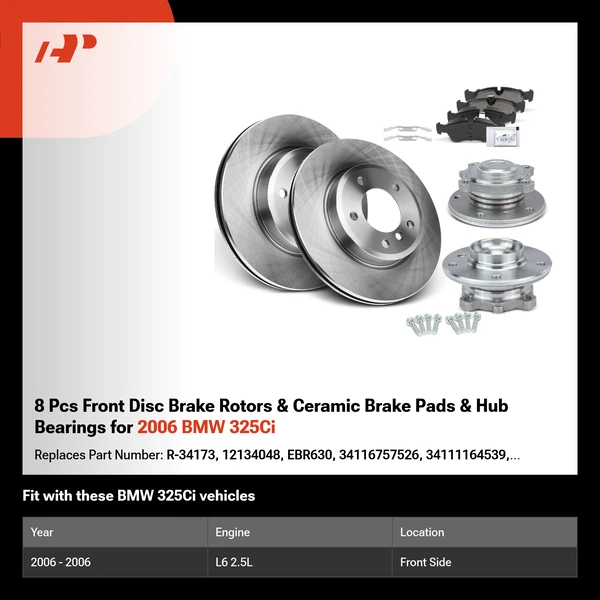8 Pcs Front Disc Brake Rotors & Ceramic Brake Pads & Hub Bearings for 2006 BMW 325Ci