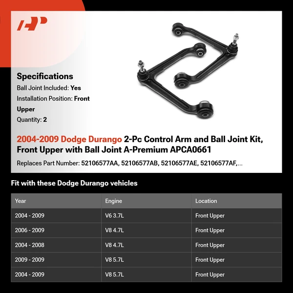 2004-2009 Dodge Durango 2-Pc Control Arm and Ball Joint Kit, Front Upper with Ball Joint A-Premium APCA0661
