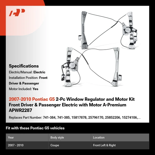 2007-2010 Pontiac G5 2-Pc Window Regulator and Motor Kit Front Driver & Passenger Electric with Motor A-Premium APWR2287
