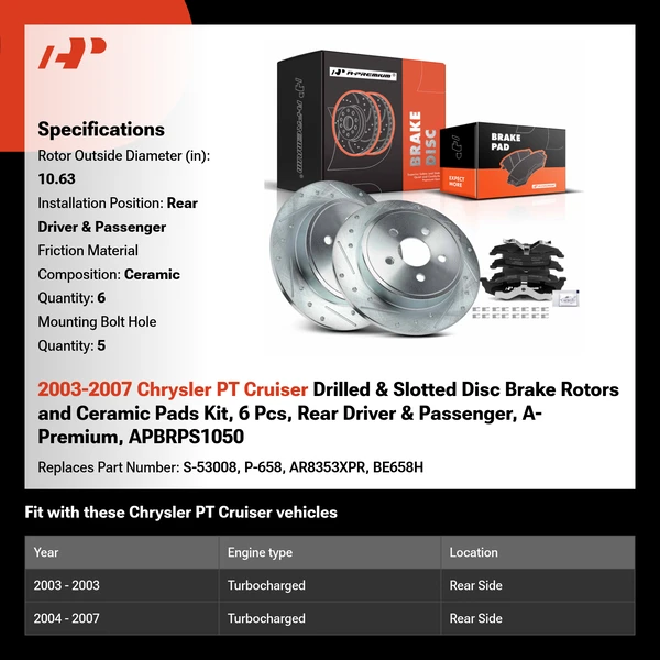 2003-2007 Chrysler PT Cruiser Drilled & Slotted Disc Brake Rotors and Ceramic Pads Kit, 6 Pcs, Rear Driver & Passenger, A-Premium, APBRPS1050