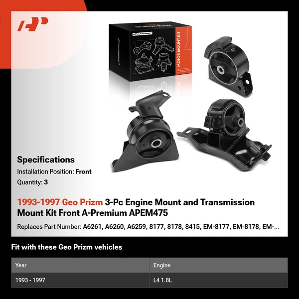 1993-1997 Geo Prizm 3-Pc Engine Mount and Transmission Mount Kit Front A-Premium APEM475