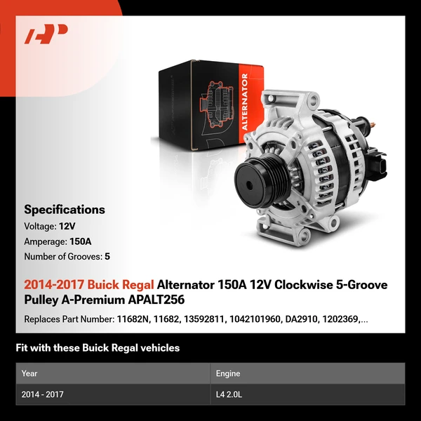 2014-2017 Buick Regal Alternator 150A 12V Clockwise 5-Groove Pulley A-Premium APALT256