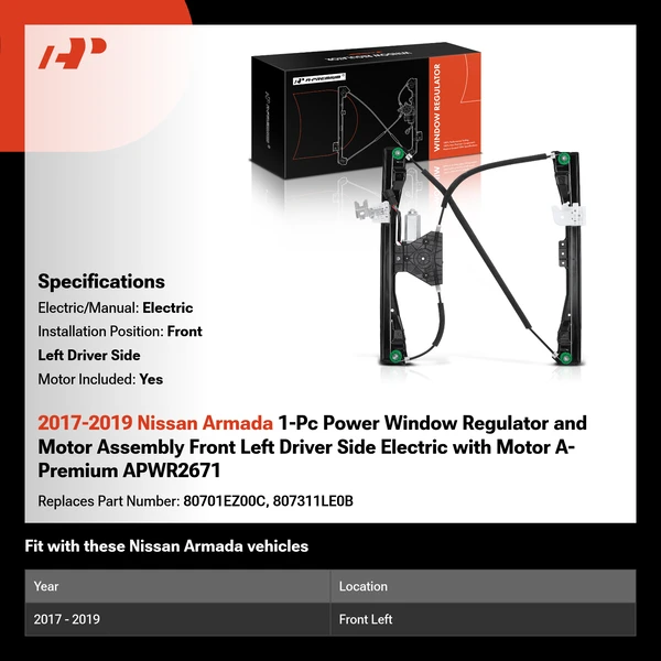 2017-2019 Nissan Armada 1-Pc Power Window Regulator and Motor Assembly Front Left Driver Side Electric with Motor A-Premium APWR2671