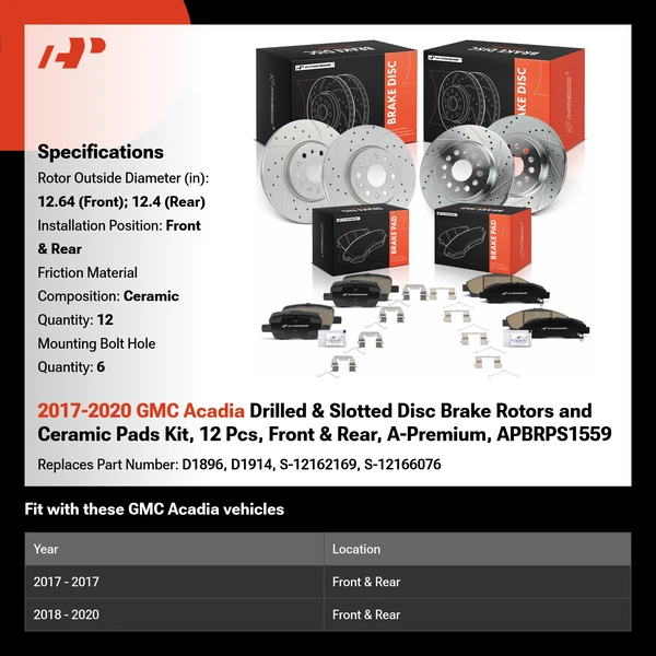2017-2020 GMC Acadia Drilled & Slotted Disc Brake Rotors and Ceramic Pads Kit, 12 Pcs, Front & Rear, A-Premium, APBRPS1559