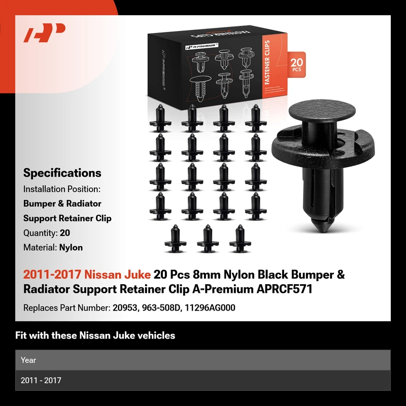 2011-2017 Nissan Juke 20 Pcs 8mm Nylon Black Bumper & Radiator Support Retainer Clip A-Premium APRCF571