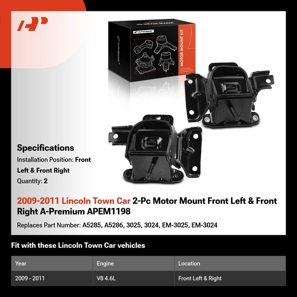 2009-2011 Lincoln Town Car 2-Pc Motor Mount Front Left & Front Right A-Premium APEM1198