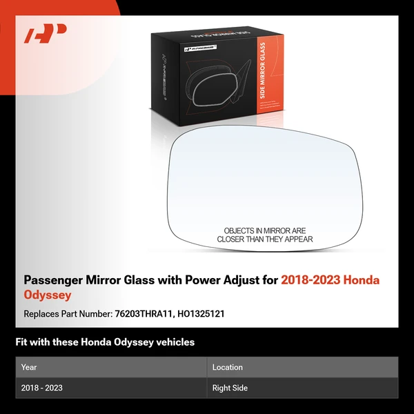 Passenger Mirror Glass with Power Adjust for 2018-2023 Honda Odyssey