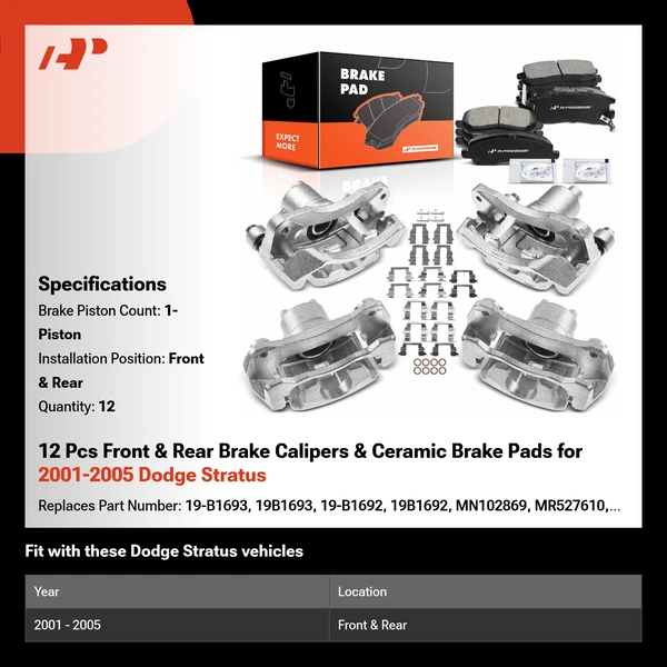 12 Pcs Front & Rear Brake Calipers & Ceramic Brake Pads for 2001-2005 Dodge Stratus