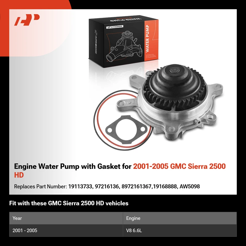 Engine Water Pump with Gasket for 2001-2005 GMC Sierra 2500 HD