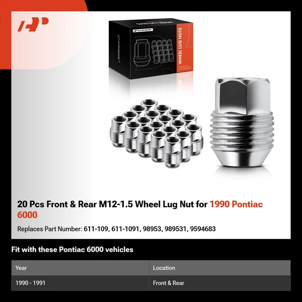 20 Pcs Front & Rear M12-1.5 Wheel Lug Nut for 1990 Pontiac 6000