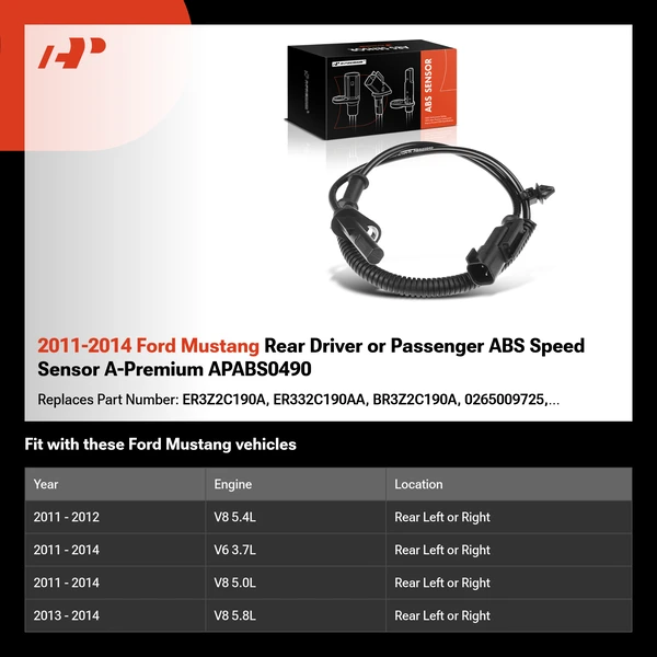 2011-2014 Ford Mustang Rear Driver or Passenger ABS Speed Sensor A-Premium APABS0490