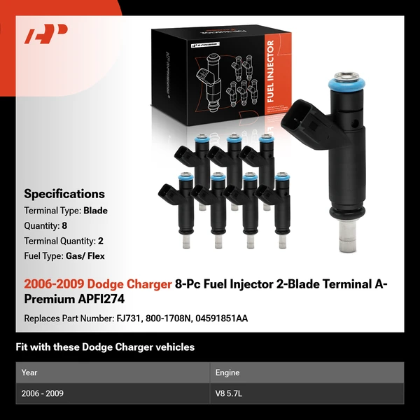 2006-2009 Dodge Charger 8-Pc Fuel Injector 2-Blade Terminal A-Premium APFI274