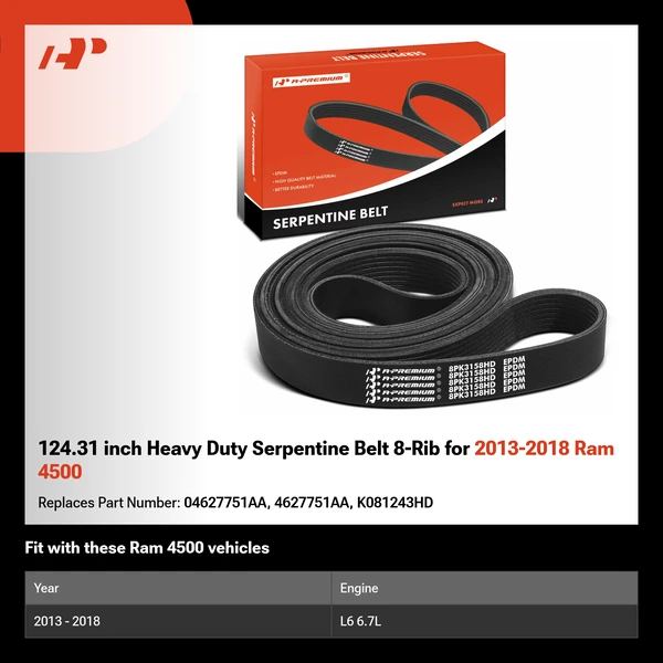 124.31 inch Heavy Duty Serpentine Belt 8-Rib for 2013-2018 Ram 4500