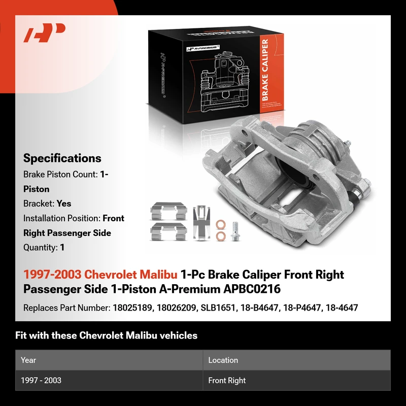 1997-2003 Chevrolet Malibu 1-Pc Brake Caliper Front Right Passenger Side 1-Piston A-Premium APBC0216