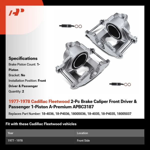 1977-1978 Cadillac Fleetwood 2-Pc Brake Caliper Front Driver & Passenger 1-Piston A-Premium APBC3187