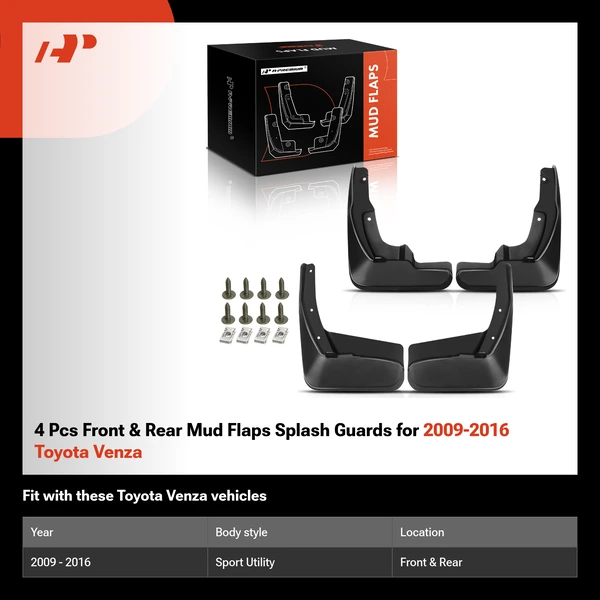 4 Pcs Front & Rear Mud Flaps Splash Guards for 2009-2016 Toyota Venza