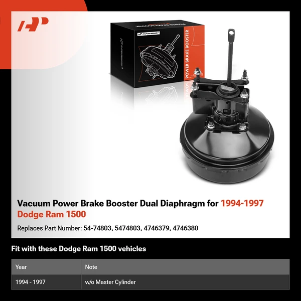 Vacuum Power Brake Booster Dual Diaphragm for 1994-1997 Dodge Ram 1500