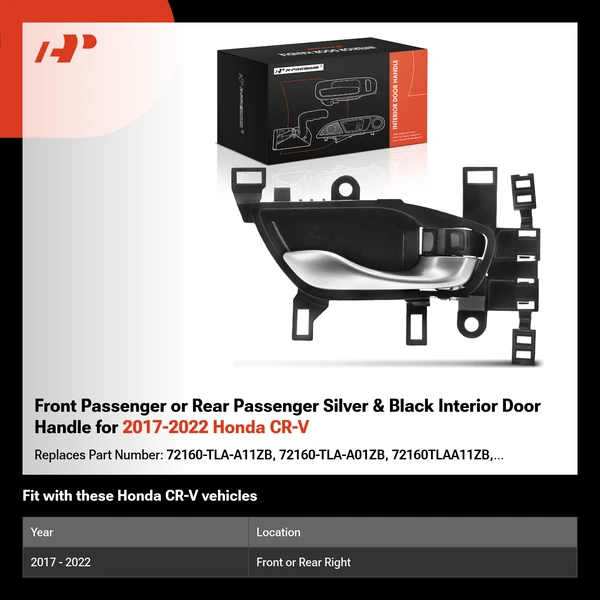 Front Passenger or Rear Passenger Silver & Black Interior Door Handle for 2017-2022 Honda CR-V