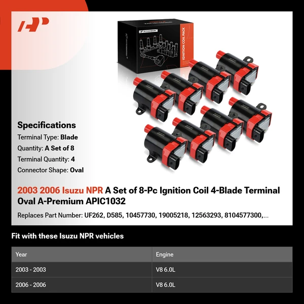 2003 2006 Isuzu NPR A Set of 8-Pc Ignition Coil 4-Blade Terminal Oval A-Premium APIC1032