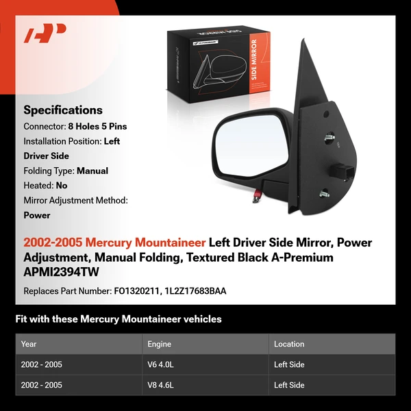 2002-2005 Mercury Mountaineer Left Driver Side Mirror, Power Adjustment, Manual Folding, Textured Black A-Premium APMI2394TW