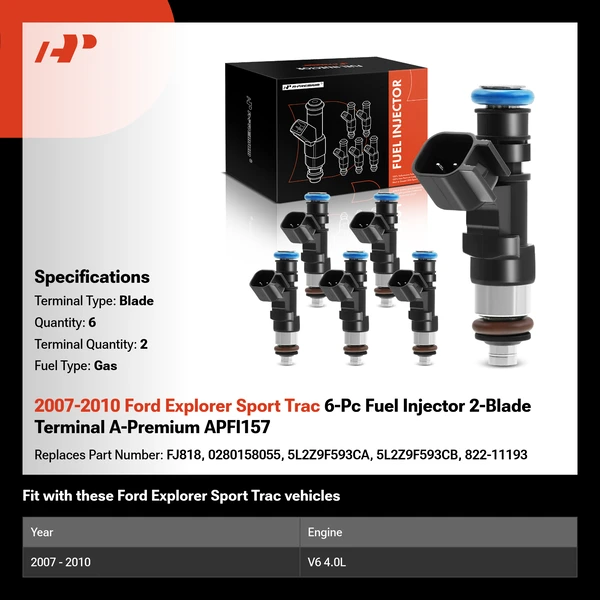 2007-2010 Ford Explorer Sport Trac 6-Pc Fuel Injector 2-Blade Terminal A-Premium APFI157