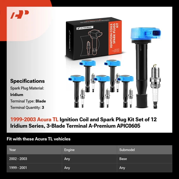 1999-2003 Acura TL Ignition Coil and Spark Plug Kit Set of 12 Iridium Series, 3-Blade Terminal A-Premium APIC0605