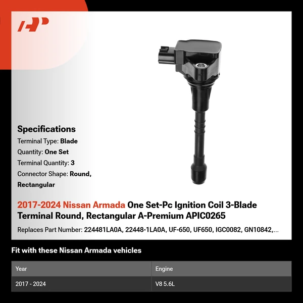 2017-2024 Nissan Armada One Set-Pc Ignition Coil 3-Blade Terminal Round, Rectangular A-Premium APIC0265