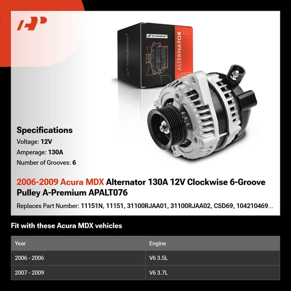 2006-2009 Acura MDX Alternator 130A 12V Clockwise 6-Groove Pulley A-Premium APALT076