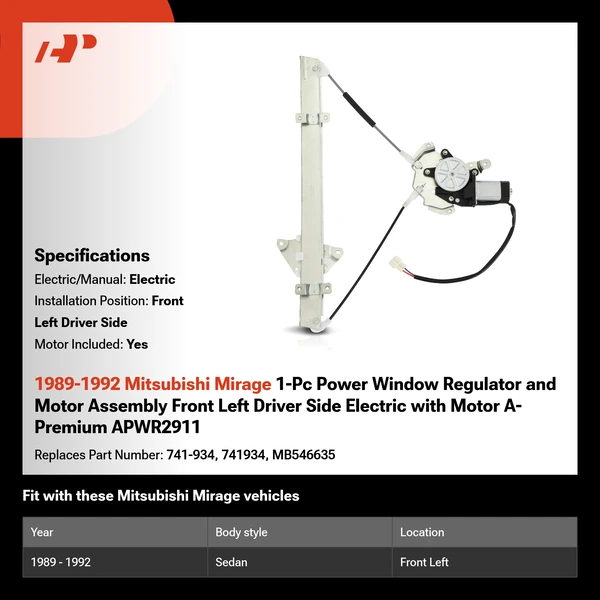 1989-1992 Mitsubishi Mirage 1-Pc Power Window Regulator and Motor Assembly Front Left Driver Side Electric with Motor A-Premium APWR2911
