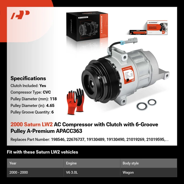 2000 Saturn LW2 AC Compressor with Clutch with 6-Groove Pulley A-Premium APACC363