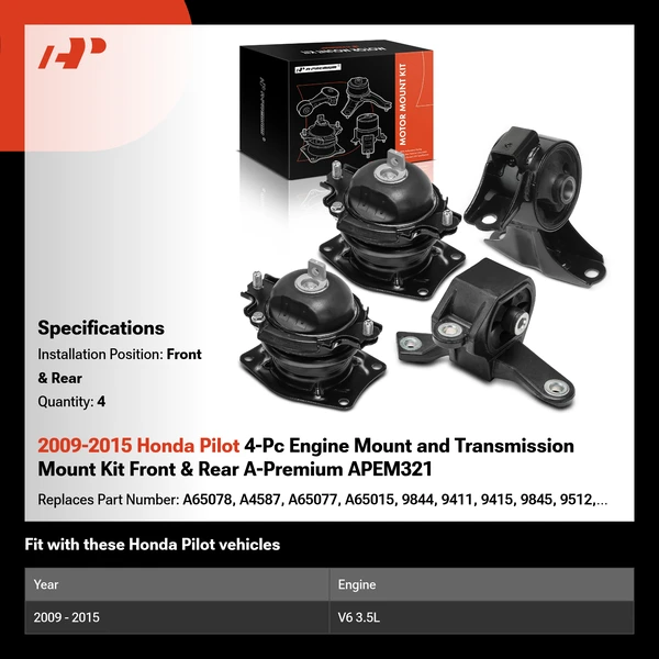 2009-2015 Honda Pilot 4-Pc Engine Mount and Transmission Mount Kit Front & Rear A-Premium APEM321