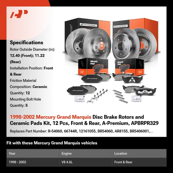 1998-2002 Mercury Grand Marquis Disc Brake Rotors and Ceramic Pads Kit, 12 Pcs, Front & Rear, A-Premium, APBRPR329